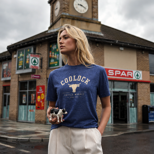 Woman wearing a blue Coolock Cattle Market T-shirt in Coolock, Dublin, holding a small cow figure