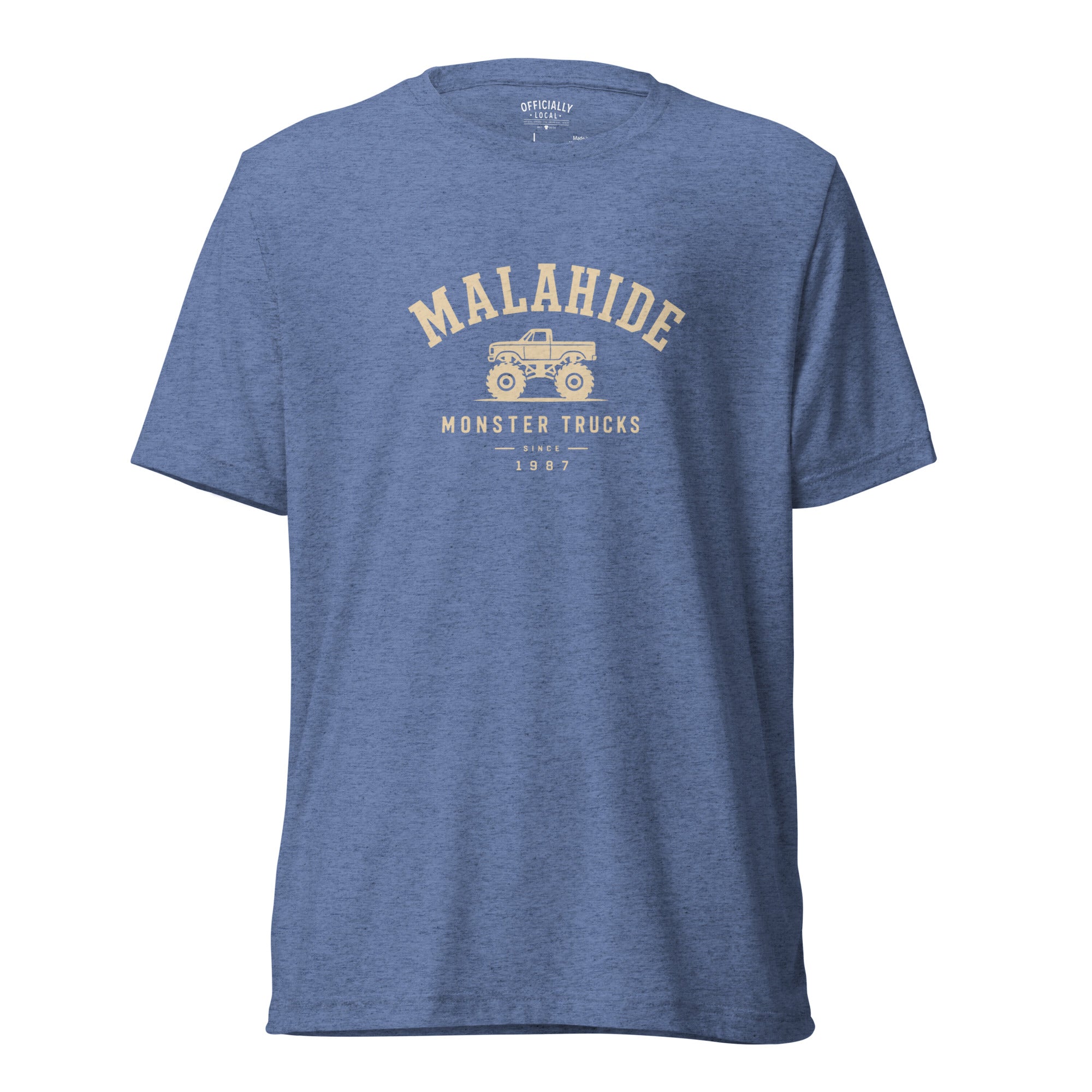 Blue Malahide Monster Trucks graphic T-shirt with vintage monster truck design