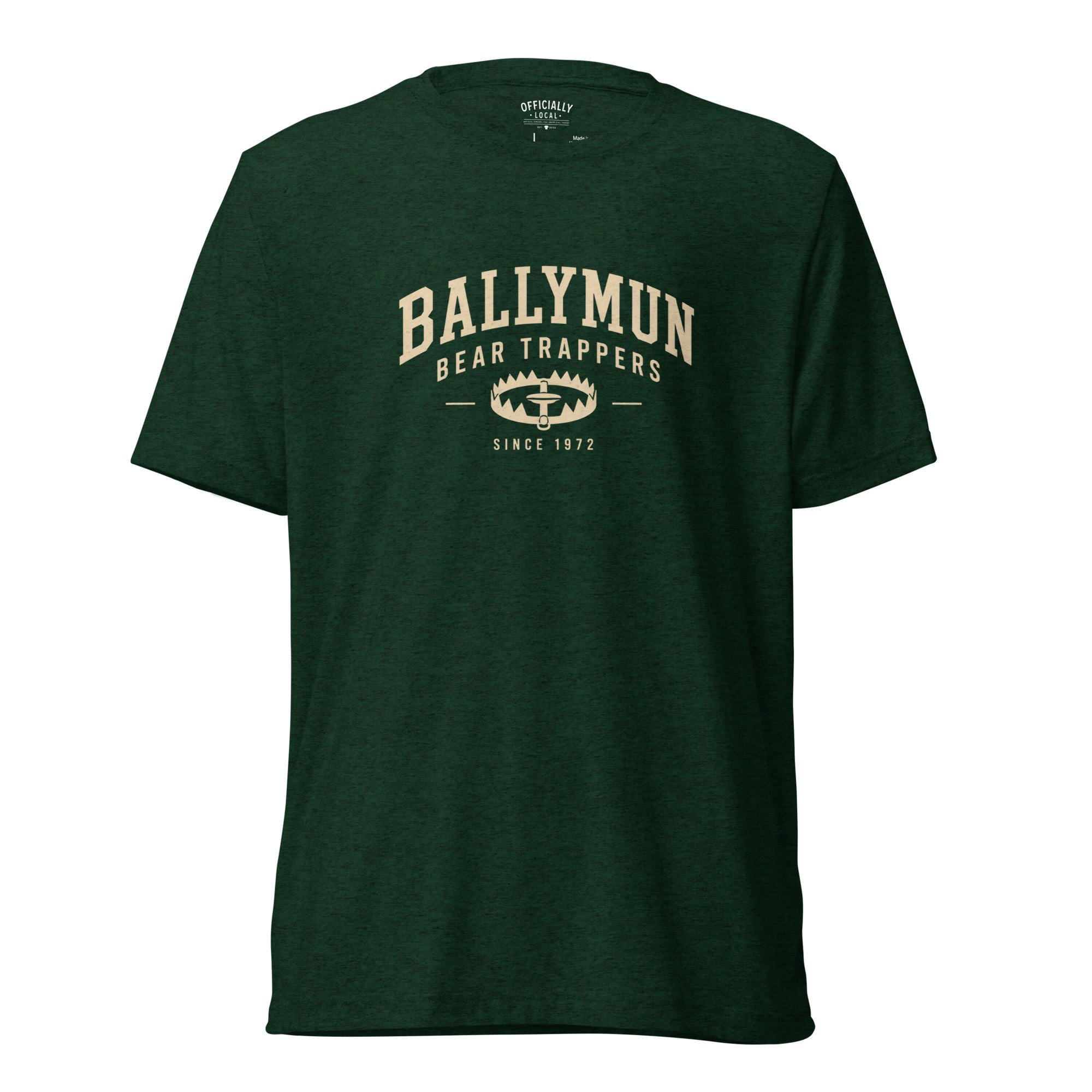 Forest green Ballymun Bear Trappers graphic T-shirt with vintage bear design